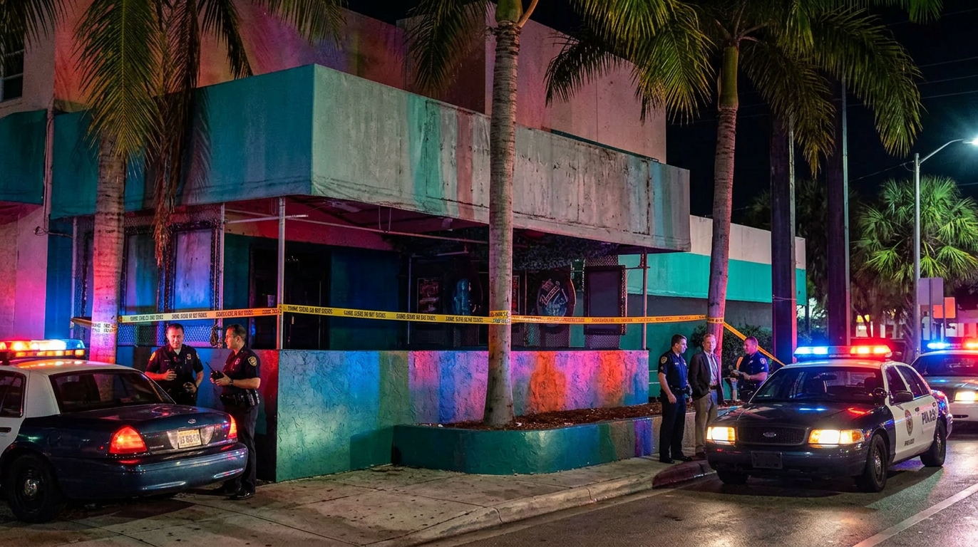 AI-generated color illustration depicting a 1990s South Florida nightclub exterior at night surrounded by police cars with flashing lights and yellow crime scene tape. Palm trees and a teal and green facade are visible. Note: This is an AI-generated illustration, not a historical photograph.